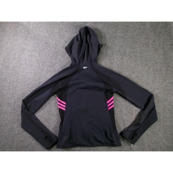 Adidas Jacket Womens S Hooded ClimaWarm Zip Athletic Track Black Pink Stripes - Picture 9 of 11